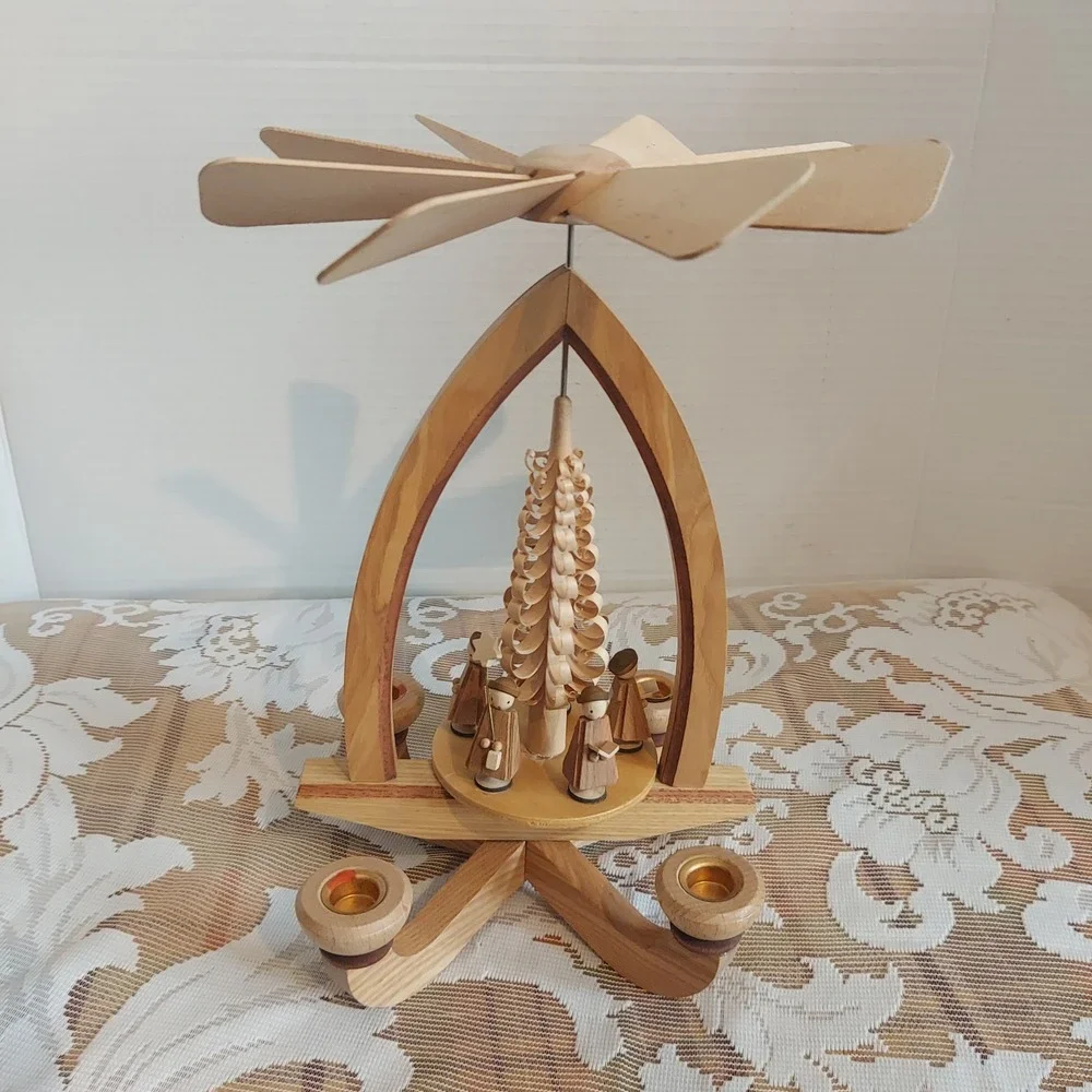 German Christmas Pyramid Carousel Wooden 4 Candle Rotating Carolers 10x7 Inch